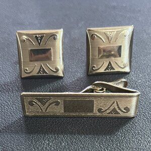 Vintage Men's Art Deco Silver Tone Cuff Links Tie Tack Clamp Set of 3